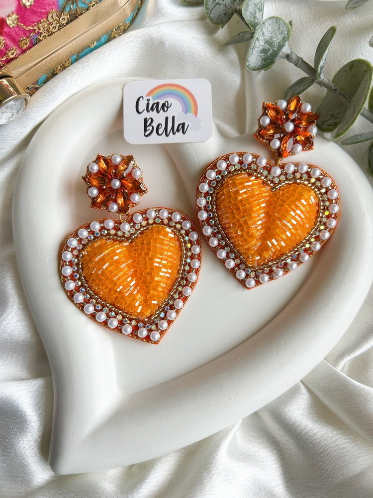 Ishqiya Orange Heart Drop Handmade Beaded Earrings