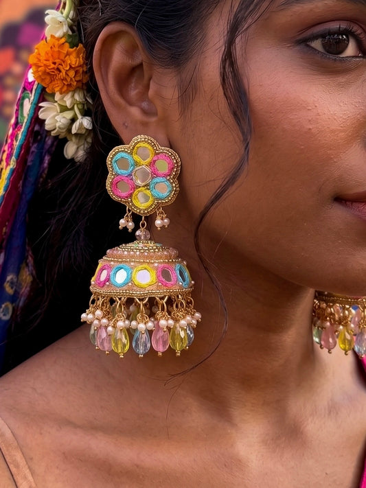 Phuljhadi Yellow Pink Blue Mirror Handmade Beaded Jhumka Earrings