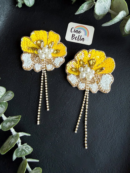 Floral Fiesta Yellow Handmade Beaded Flower Earrings