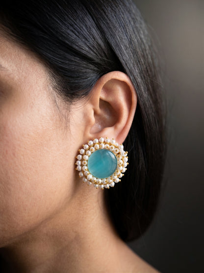 Sitara Aqua Blue Pearl Round Handmade Brass Earrings