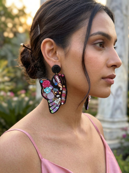 Kaleido Wings Black Handmade Beaded Butterfly Earrings