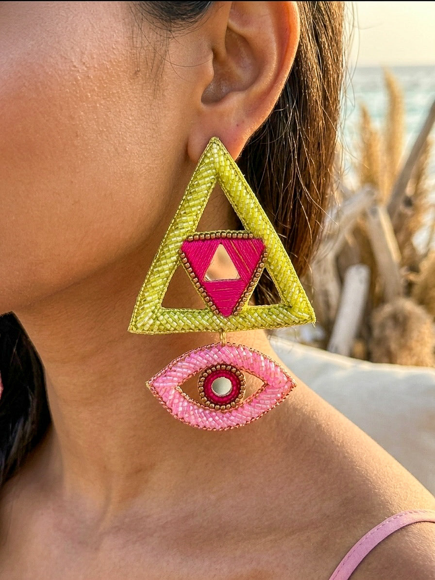 Electric Lime Green & Pink Evil Eye Handmade Beaded Earrings