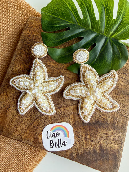 Ivory Pearl Glam Starfish Handmade Beaded Earrings