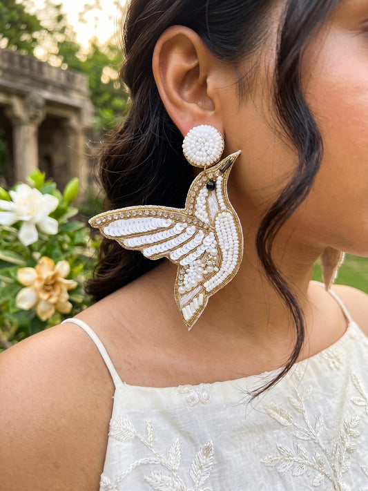 Ivory Humming Bird Handmade Beaded Earrings
