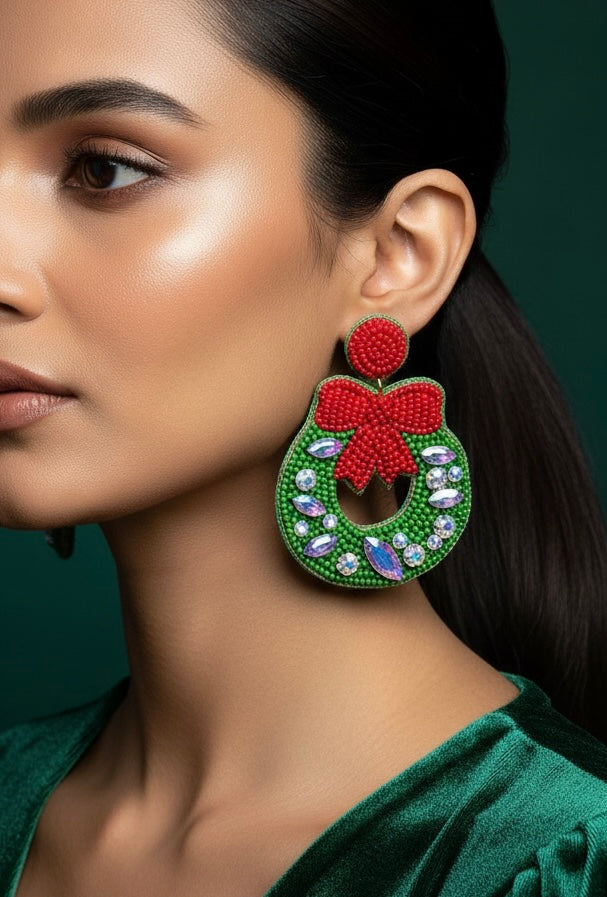 Christmas Wreath Handmade Beaded Earrings