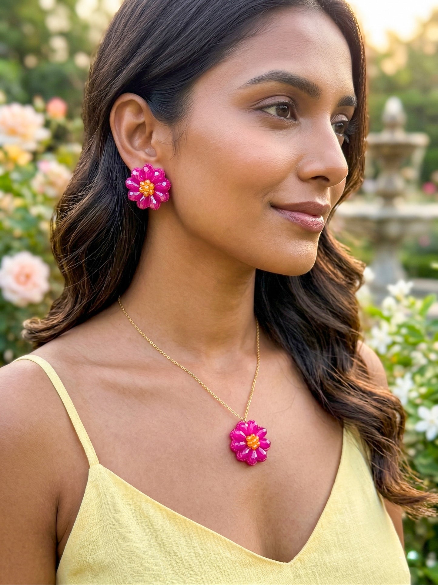 Sparkling Hot Pink Flower Handmade Beaded Necklace + Earrings Set