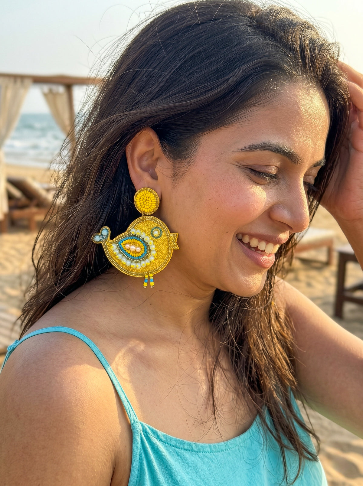 Chirpy Birdie Yellow Aqua Blue Handmade Beaded Earrings