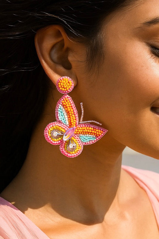 Sun-Kissed Pink Handmade Beaded Butterfly Earrings