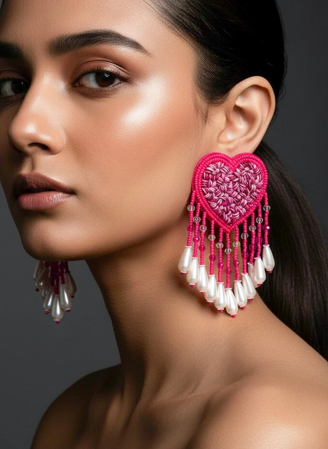 Hot Pink Heart Drop Handmade Beaded Tassel Earrings
