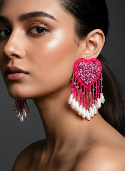 Hot Pink Heart Drop Handmade Beaded Tassel Earrings