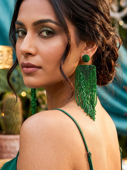 Luxe Emerald Green Handmade Beaded Tassel Earrings