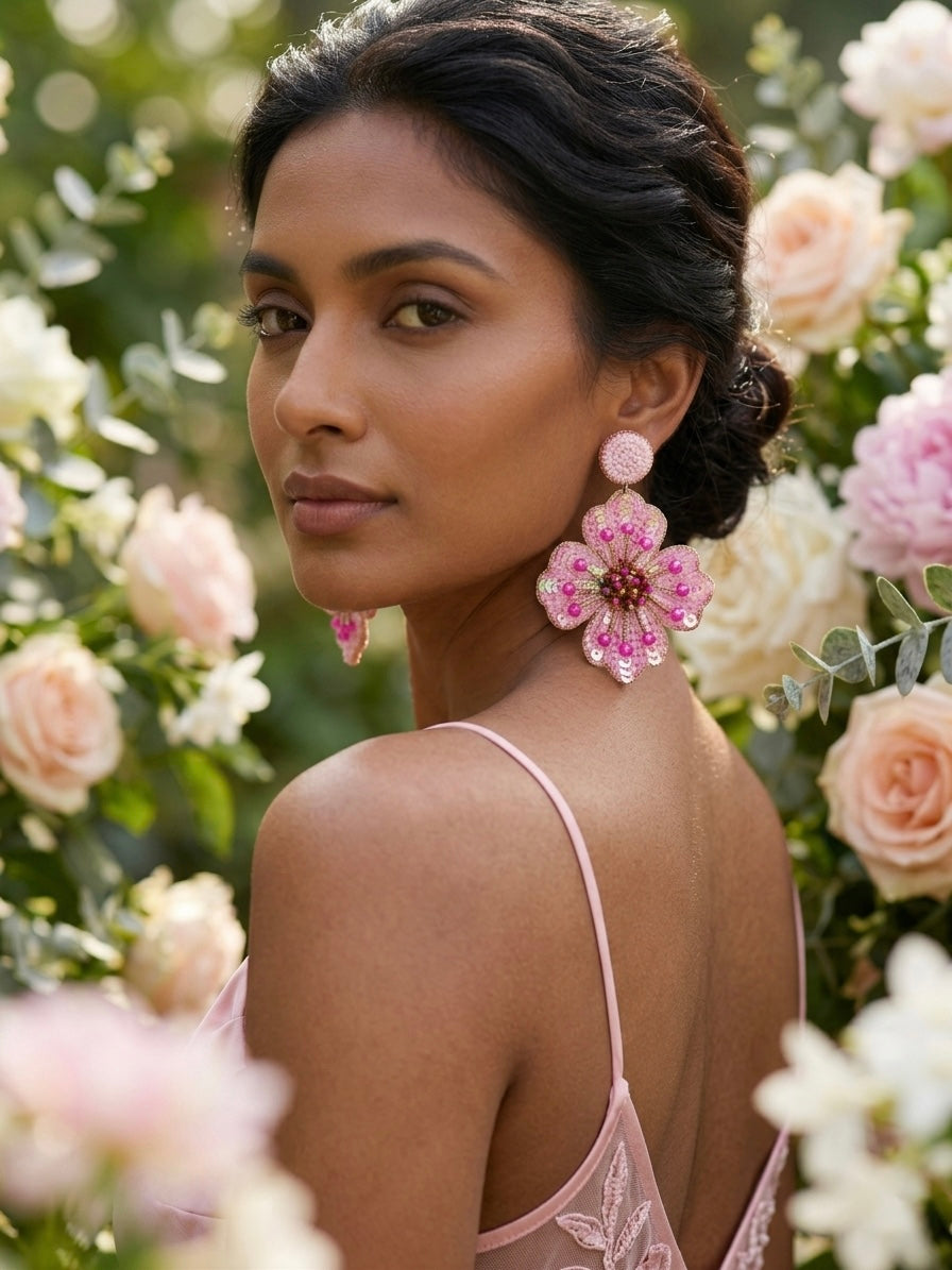 Blush Pink Glow Flower Handmade Beaded Earrings