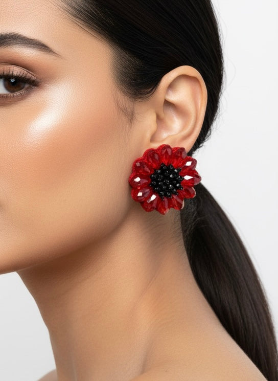 Sparkling Red Poppy Stud Earrings