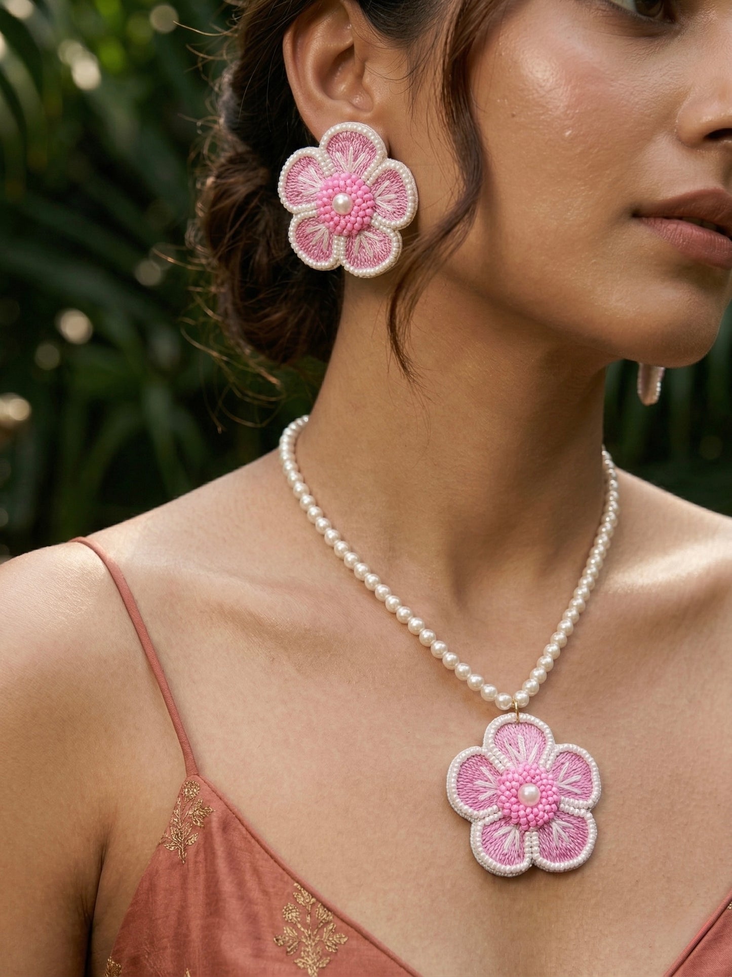 Blush Pink Blossom Flower Handmade Beaded Necklace + Earrings Set