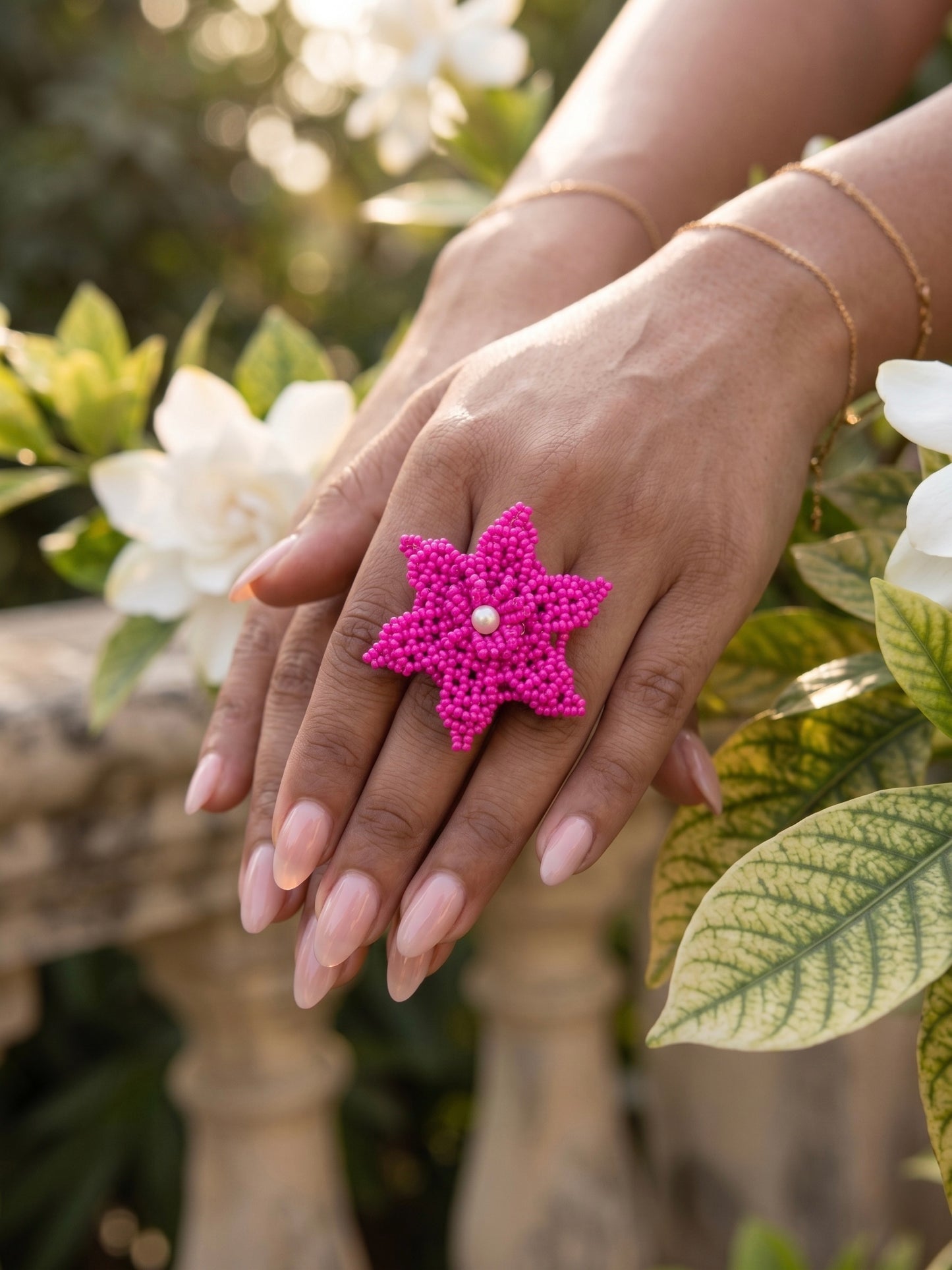 Fuchsia Pink Delicate Snowflake 3D Crochet Handmade Beaded Ring