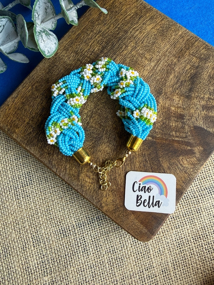 Luxe Flora Aqua Blue Handmade Beaded Bracelet + Ring Combo