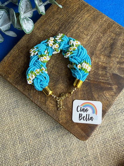 Luxe Flora Aqua Blue Handmade Beaded Bracelet + Ring Combo