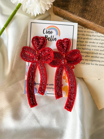 Glam Bow (Deep Red) Handmade Beaded Earrings