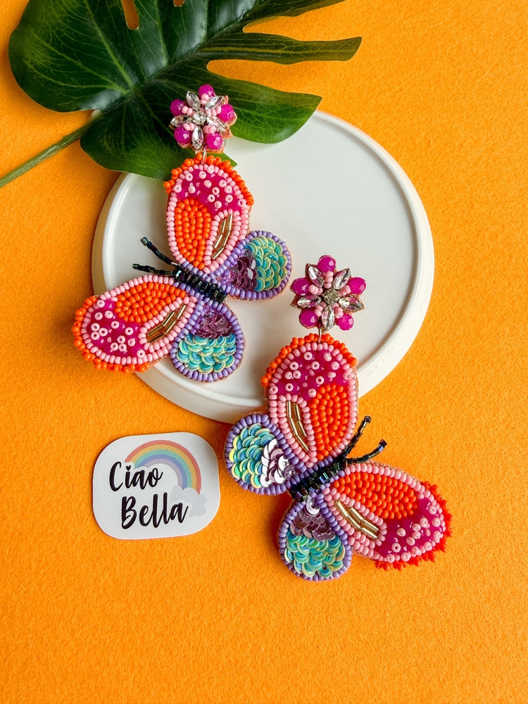 Paradise Sunset Orange Pink Handmade Beaded Butterfly Earrings