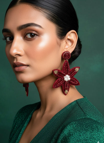 Poinsettia Petals Handmade Beaded Christmas Flower Earrings