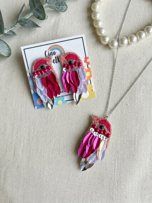 Chirpy Blush Pink Parrot Handmade Beaded Necklace + Earrings Set