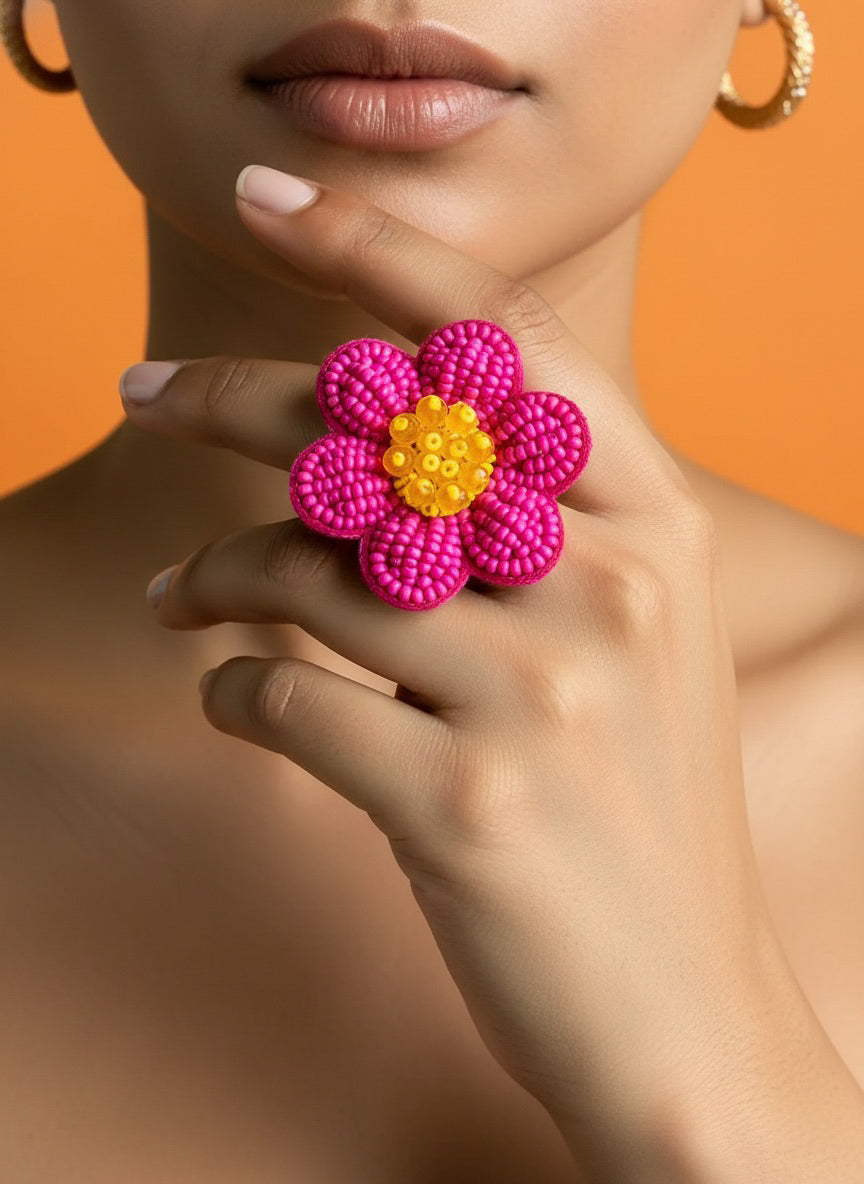 Pink Daisy Handmade Beaded Flower Ring