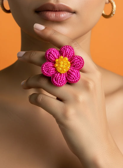 Pink Daisy Handmade Beaded Flower Ring