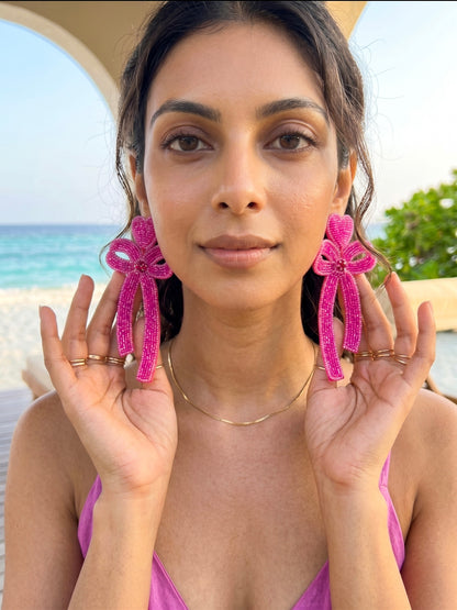 Glam Bow (Pink) Handmade Beaded Earrings