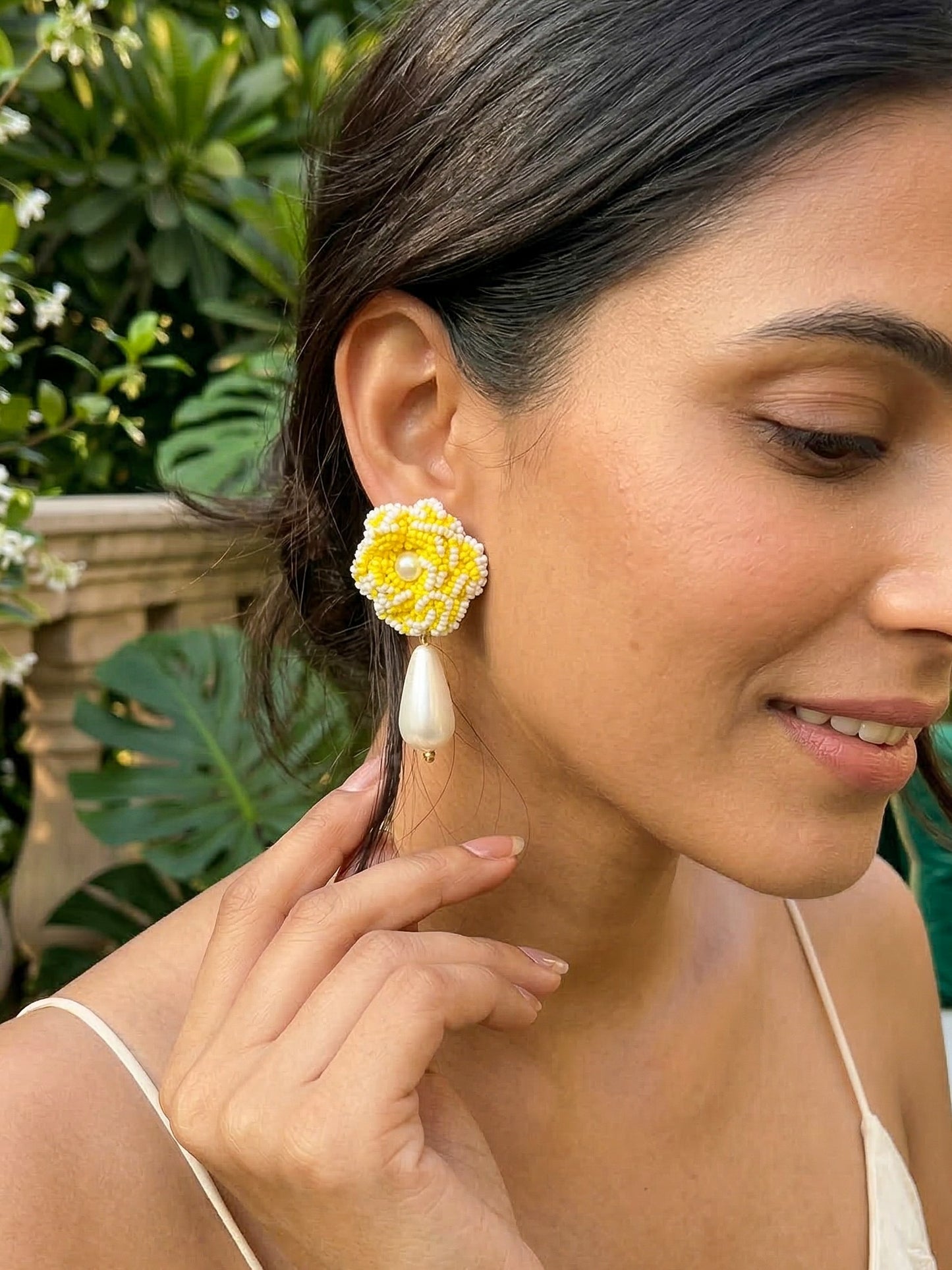 Crochet Yellow White 3D Rose Pearl Drops Flower Handmade Beaded Earrings
