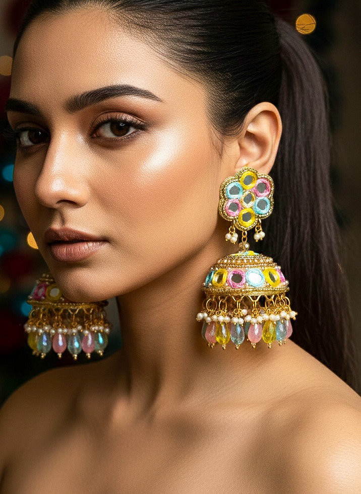 Phuljhadi Mirror Handmade Beaded Jhumka Earrings