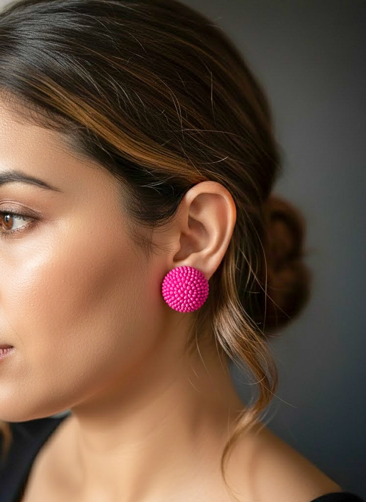 Rose Pink Round Handmade Beaded Stud Earrings