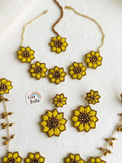 Sunflower Handmade Beaded Haldi Jewellery Set (Necklace + Earrings + Hathphools + Maangtika)