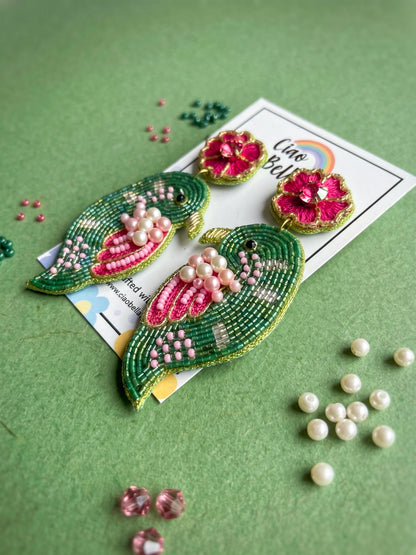 Blooming Birdie Green Pink Handmade Beaded Earrings