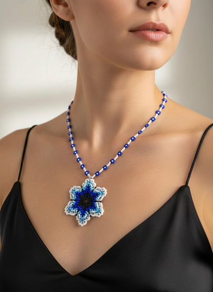 Blossoming Blue Flower Handmade Beaded Necklace