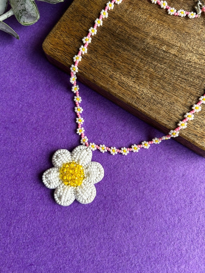 Spring Bloom Blush Pink Daisy Handmade Beaded Necklace
