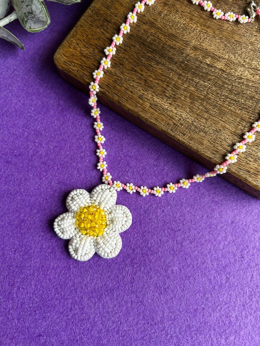Spring Bloom Blush Pink Daisy Handmade Beaded Necklace