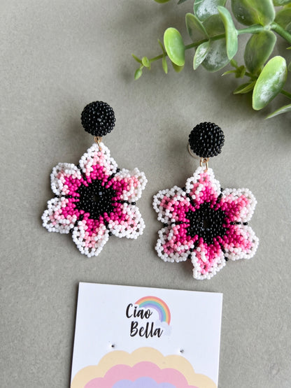 Blossoming Pink Flower Handmade Beaded Earrings