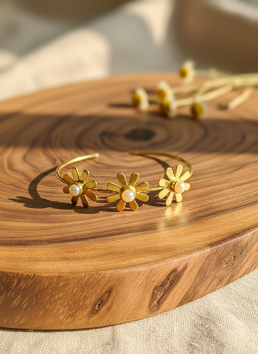 Sweet Daisy Pearl Handmade Brass Cuff Bracelet