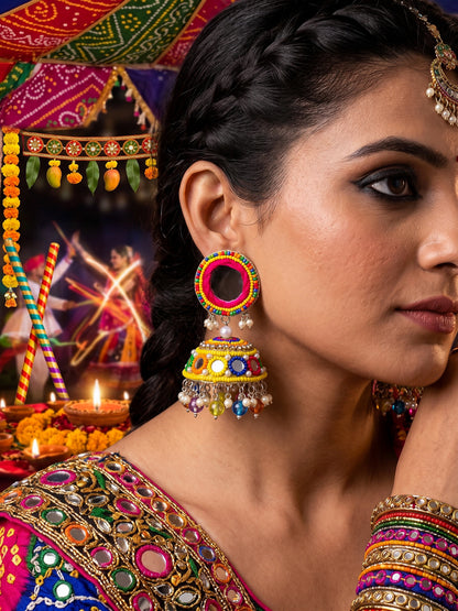 Rangili Yellow Mirror Handmade Beaded Jhumka Earrings