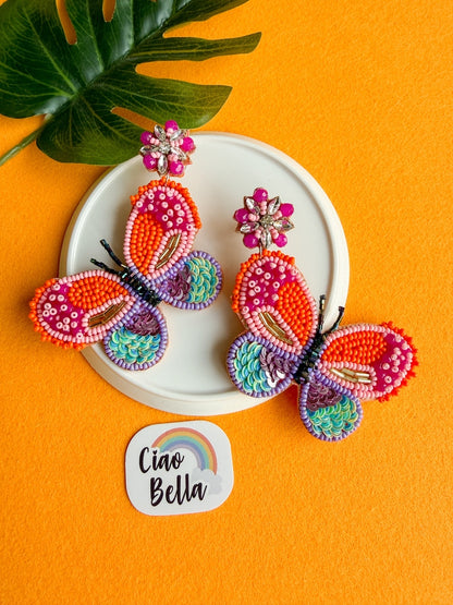 Paradise Sunset Orange Pink Handmade Beaded Butterfly Earrings
