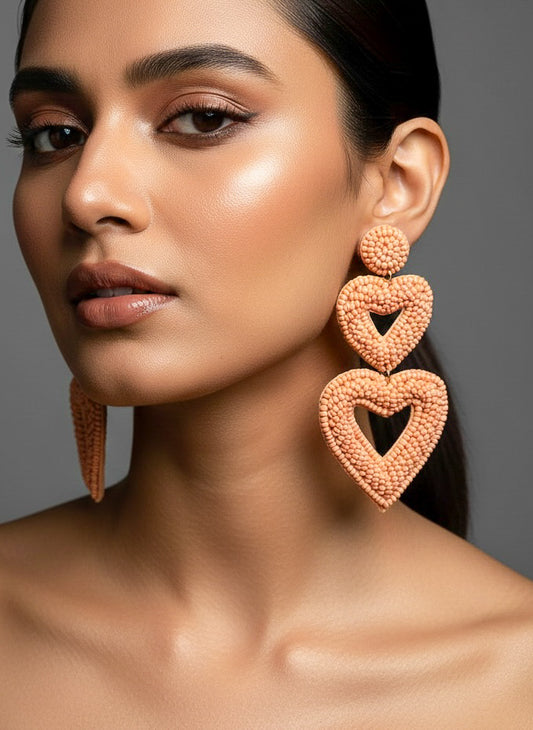 Peach Love Heart Handmade Beaded Earrings