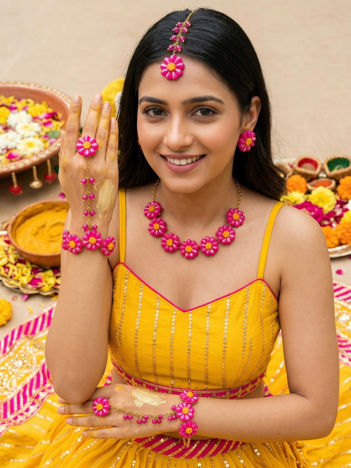 Sparkling Hot Pink Daisy Flower Handmade Beaded Haldi Jewellery Set (Necklace + Earrings + Hathphools + Maangtika)