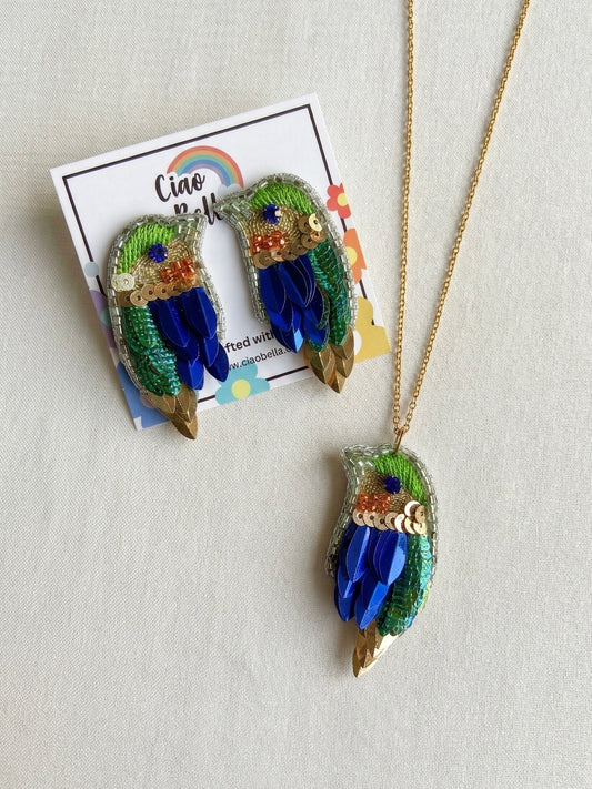 Chirpy Forest Green Blue Parrot Handmade Beaded Necklace + Earrings Set