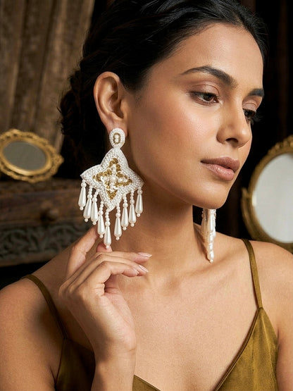 Sahiba White Pearl Drop Handmade Beaded Earrings