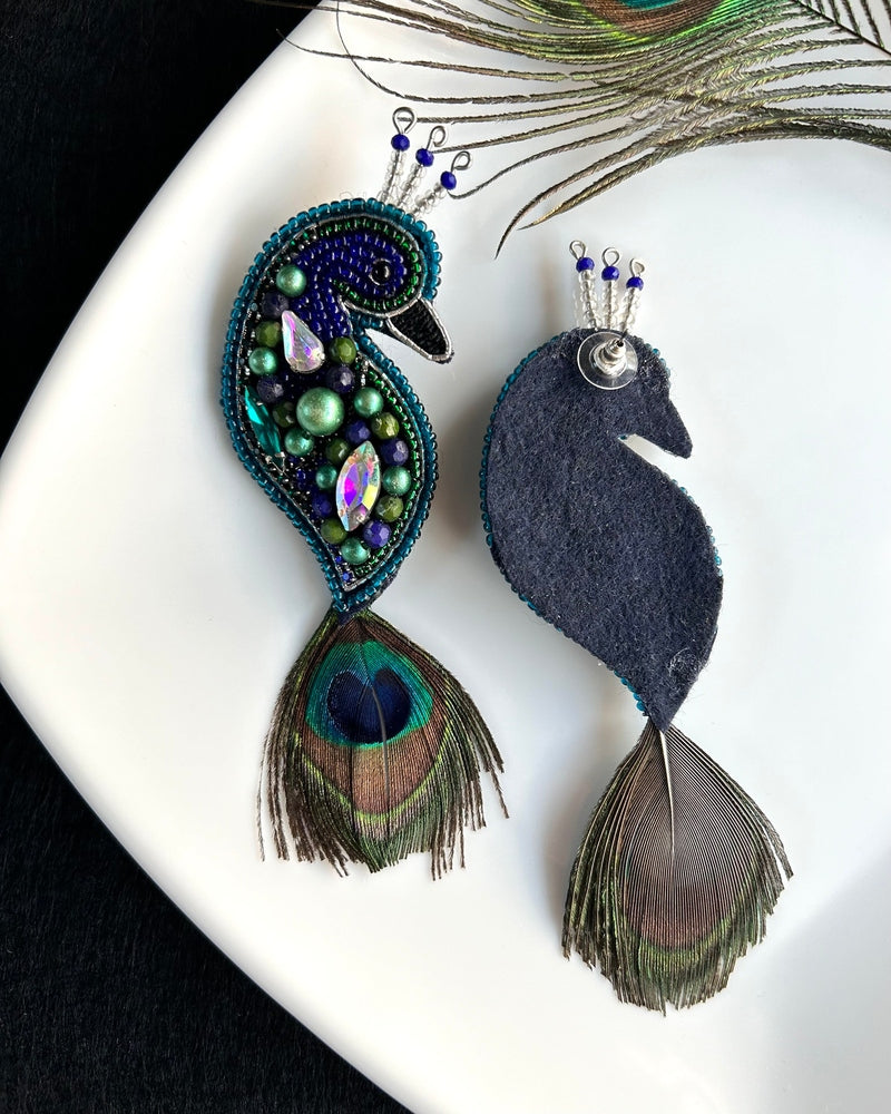 Regal Peacock Handmade Beaded Bird Earrings