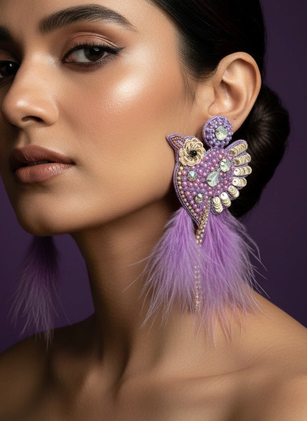 Glamorous Lilac Birdies Handmade Beaded Bird Earrings