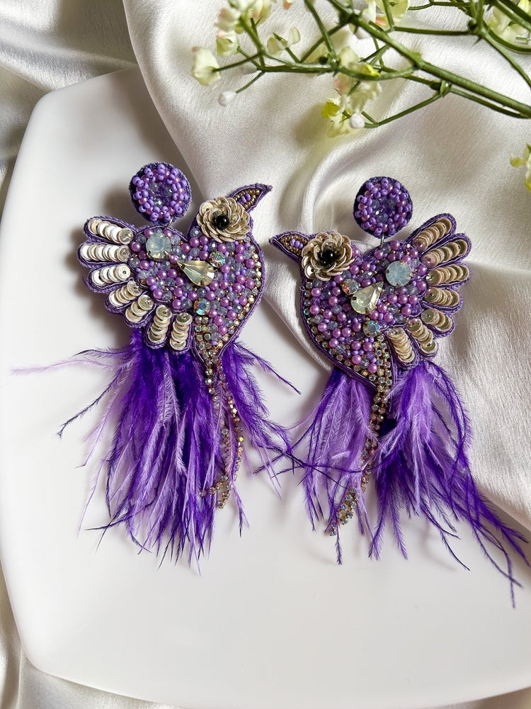 Glamorous Lilac Birdies Handmade Beaded Bird Earrings