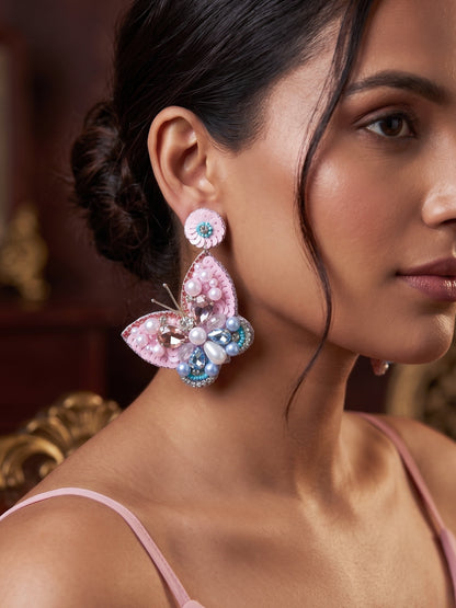 Luxe Crystal Blush Pink & Blue Handmade Beaded Butterfly Earrings