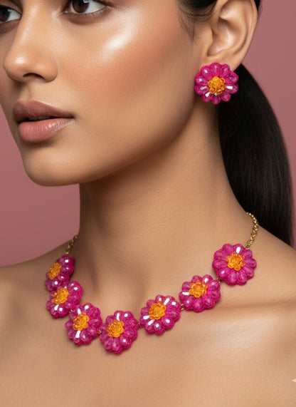 Sparkling Hot Pink Daisy Handmade Beaded Necklace + Earrings Set