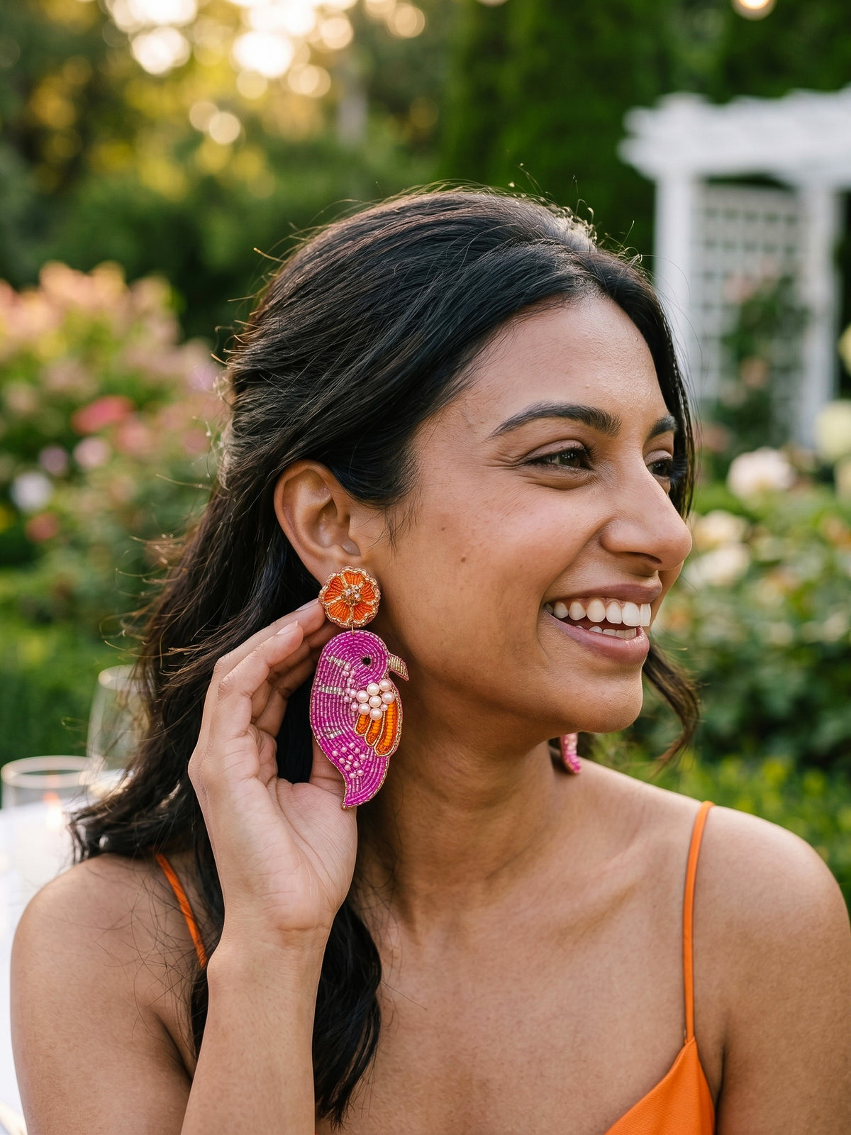 Blooming Birdie Pink Orange Handmade Beaded Earrings